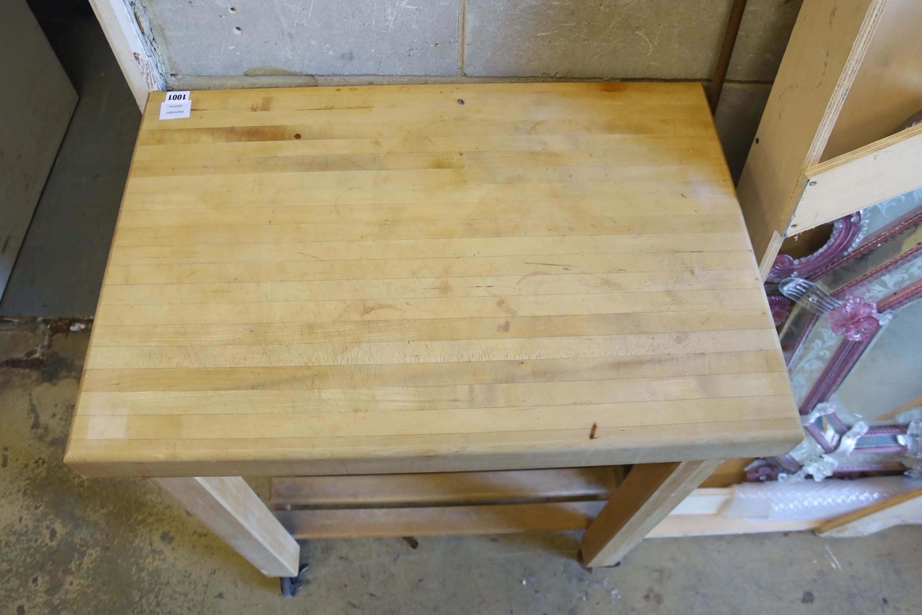 A modern beech butcher's block, fitted drawer, width 76cm, depth 50cm, height 53cm